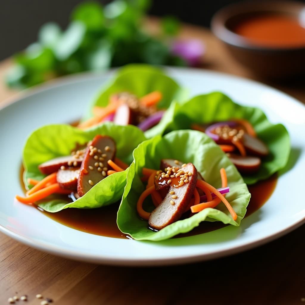Plato blanco con rollitos de lechuga romana rellenos de pechuga de pato dorada, zanahoria juliana y cebolla morada, bañados en salsa hoisin brillante y espolvoreados con semillas de sésamo. Fondos borrosos de cilantro fresco y pimienta de Sichuan. Receta de rollitos de lechuga con pechuga de pato y salsa hoisin.