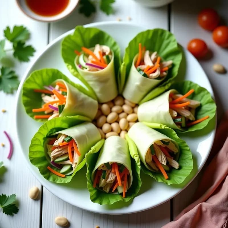 Rollitos de lechuga iceberg rellenos de farsidumbre de pollo desmenuzado, zanahoria, pepino y cacahuetes tostados, servidos en una fuente blanca con cilantro fresco y salsa de soja al lado, receta vietnamita light.