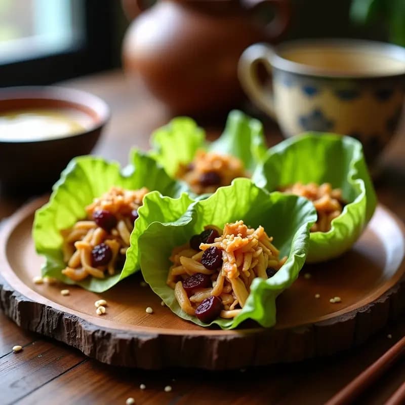 Rollitos de lechuga romana rellenos de pollo desmenuzado y ciruelas pasas, horneados hasta dorar, con semillas de sésamo espolvoreadas, servidos en una bandeja de madera con un chorrito de aceite de sésamo.