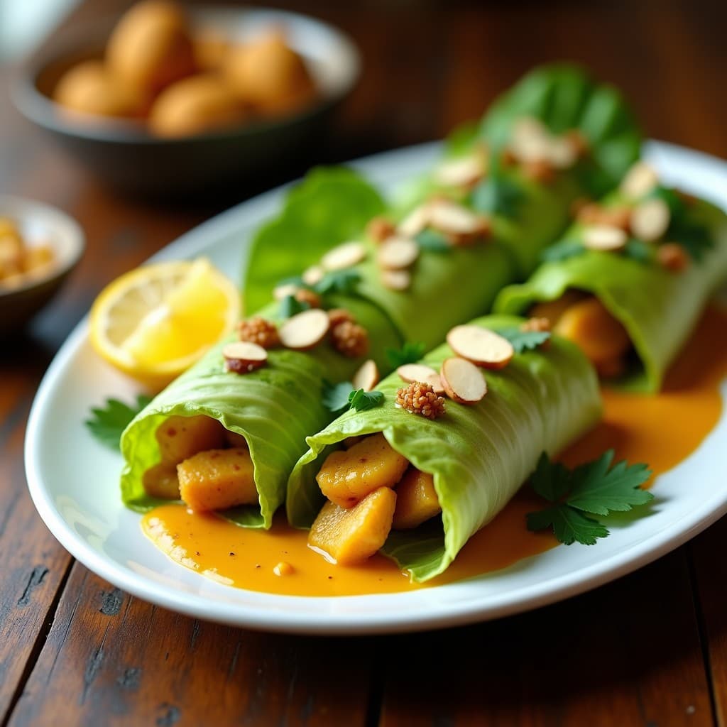 Rollitos de lechuga hoja de roble rellenos de pollo al curry madras y pasas rubias, decorados con almendras tostadas y cilantro fresco, servidos en un plato de cerámica blanca sobre fondo de madera rústica. Receta india en olla lenta.