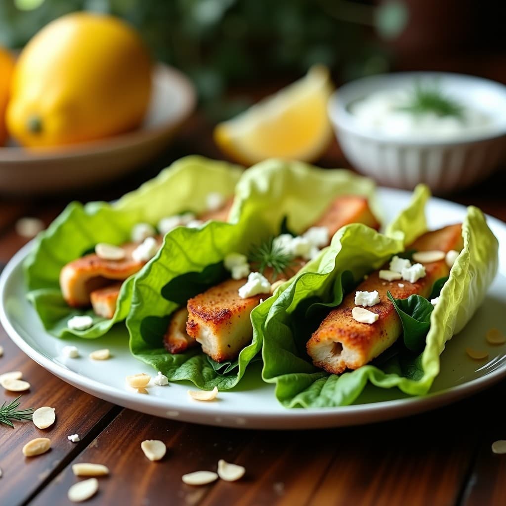 Rollitos de lechuga romana rellenos de pollo marinado en hierbas griegas y espinacas con queso feta, dorados y crujientes en airfryer, servidos en plato blanco con rodajas de limón y almendras tostadas.