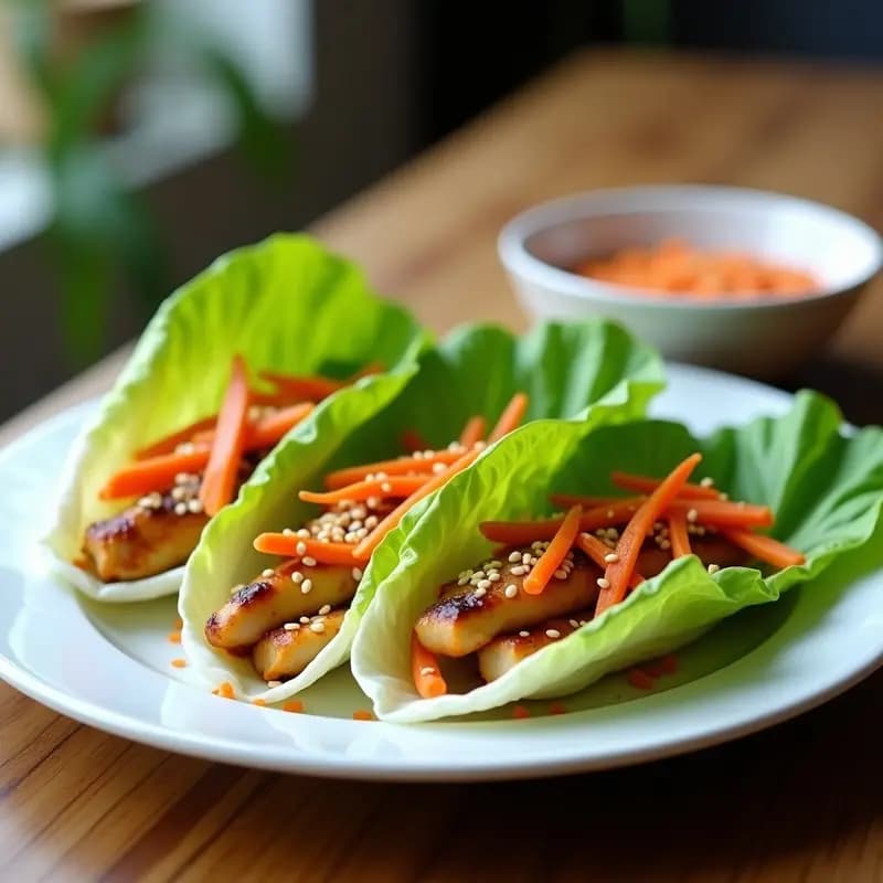 Rollitos de lechuga romana fresca rellenos de pollo al sésamo dorado, zanahoria rallada naranja y semillas de sésamo blancas, servidos en un plato blanco con fondo de madera rústica. Receta china ligera y rápida.