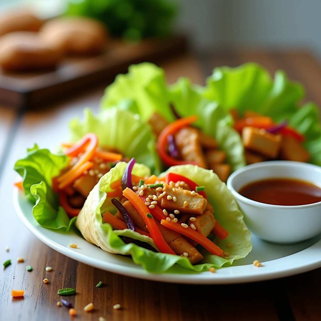 Rollitos de lechuga romana rellenos de pollo teriyaki y vegetales coloridos, dorados y crujientes, servidos en un plato blanco con salsa teriyaki al lado, receta china en airfryer.