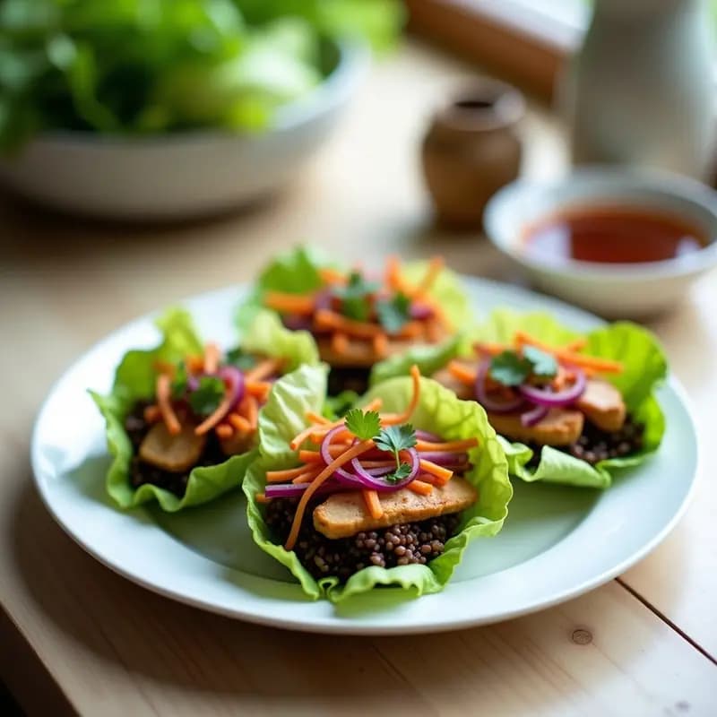 Plato blanco con rollitos de lechuga romana rellenos de pollo teriyaki dorado, arroz salvaje oscuro y verduras coloridas, espolvoreados con semillas de sésamo. Receta Asia-Fusión sin gluten.