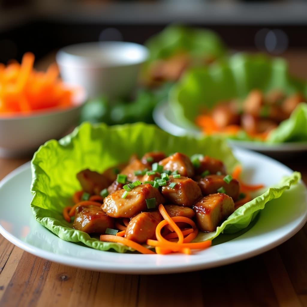 Plato blanco con rollitos de lechuga romana rellenos de pollo teriyaki glaseado y zanahoria espiralizada naranja, espolvoreados con semillas de sésamo y cebollino. Fondo minimalista con salsa teriyaki al lado, receta japonesa rápida y saludable.