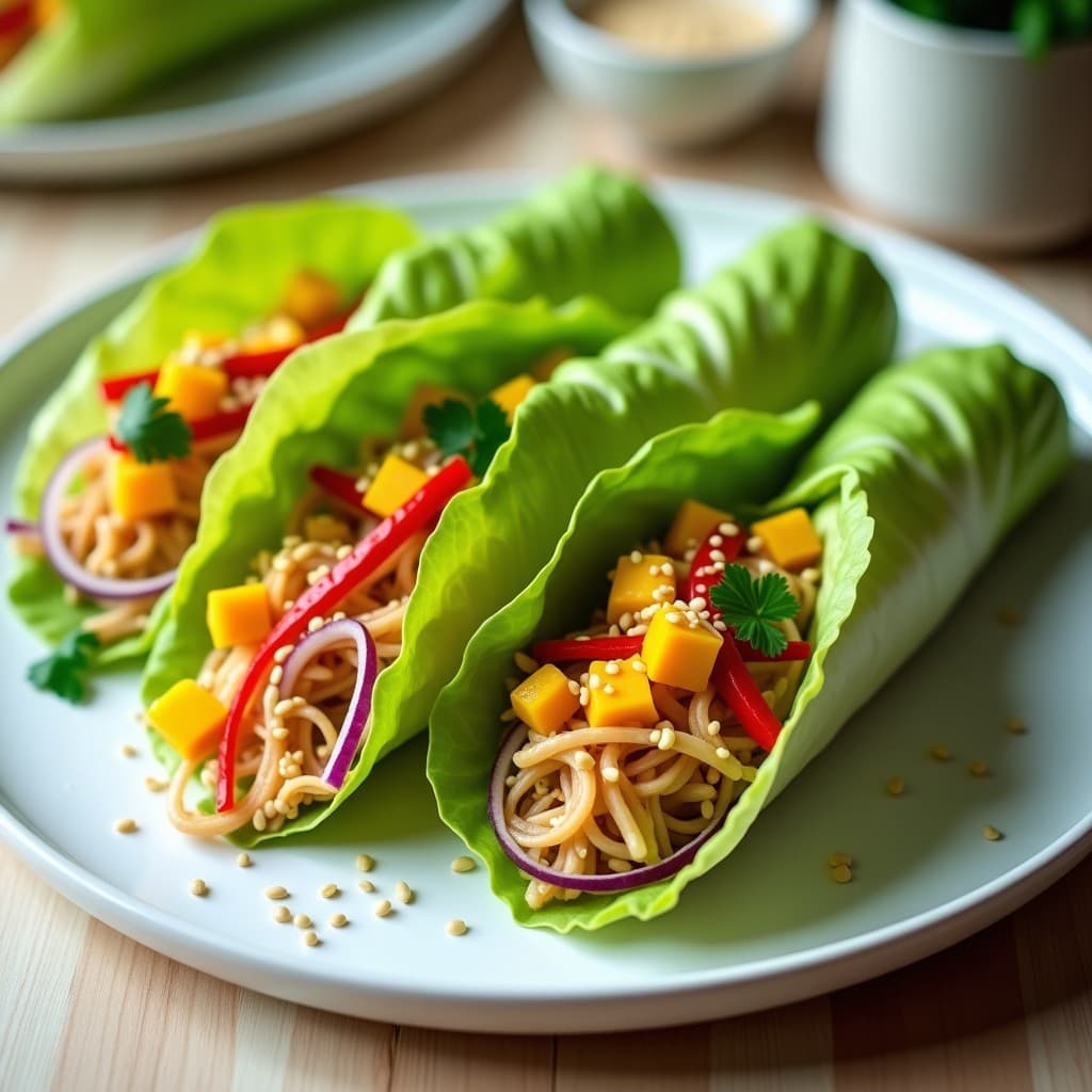 Rollitos de hojas de lechuga romana rellenos de salpicón de jackfruit desmenuzado, mango en cubos, pimiento rojo y cilantro, espolvoreados con semillas de sésamo. Servidos en bandeja de madera con bastones de apio al lado, receta vegana sin cocción alta en fibra.