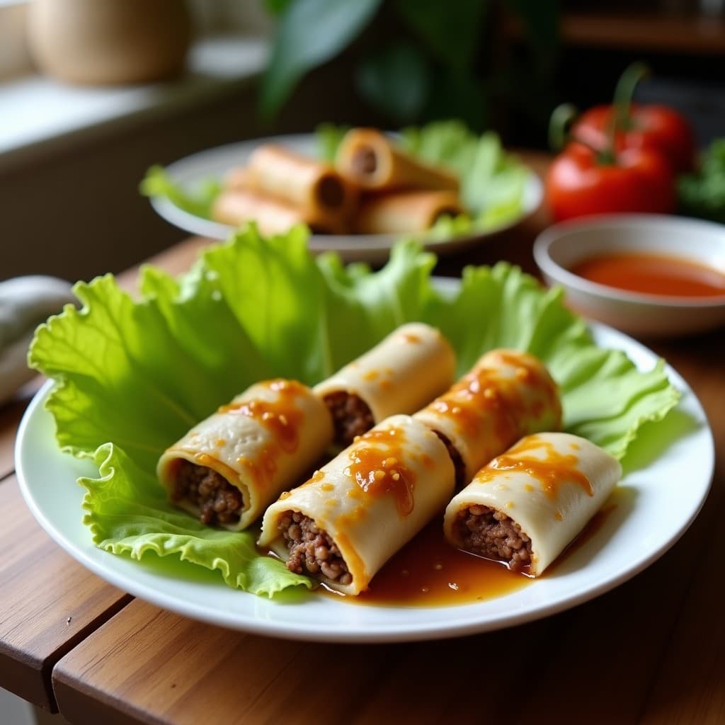 Rollitos de lechuga iceberg rellenos de ternera marinada en salsa de mostaza y miel, acompañados de zanahoria rallada, pepino y cebolla morada, servidos en una bandeja de madera con salsa para mojar y semillas de sésamo espolvoreadas.