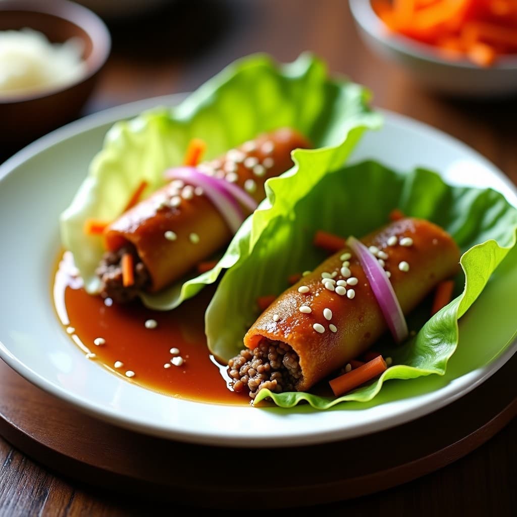 Rollitos de lechuga romana rellenos de ternera picada dorada, champiñones shiitake y zanahoria, cocinados en airfryer hasta quedar crujientes. Servidos en plato blanco con salsa de ostras espesa y semillas de sésamo, receta china baja en carbohidratos.