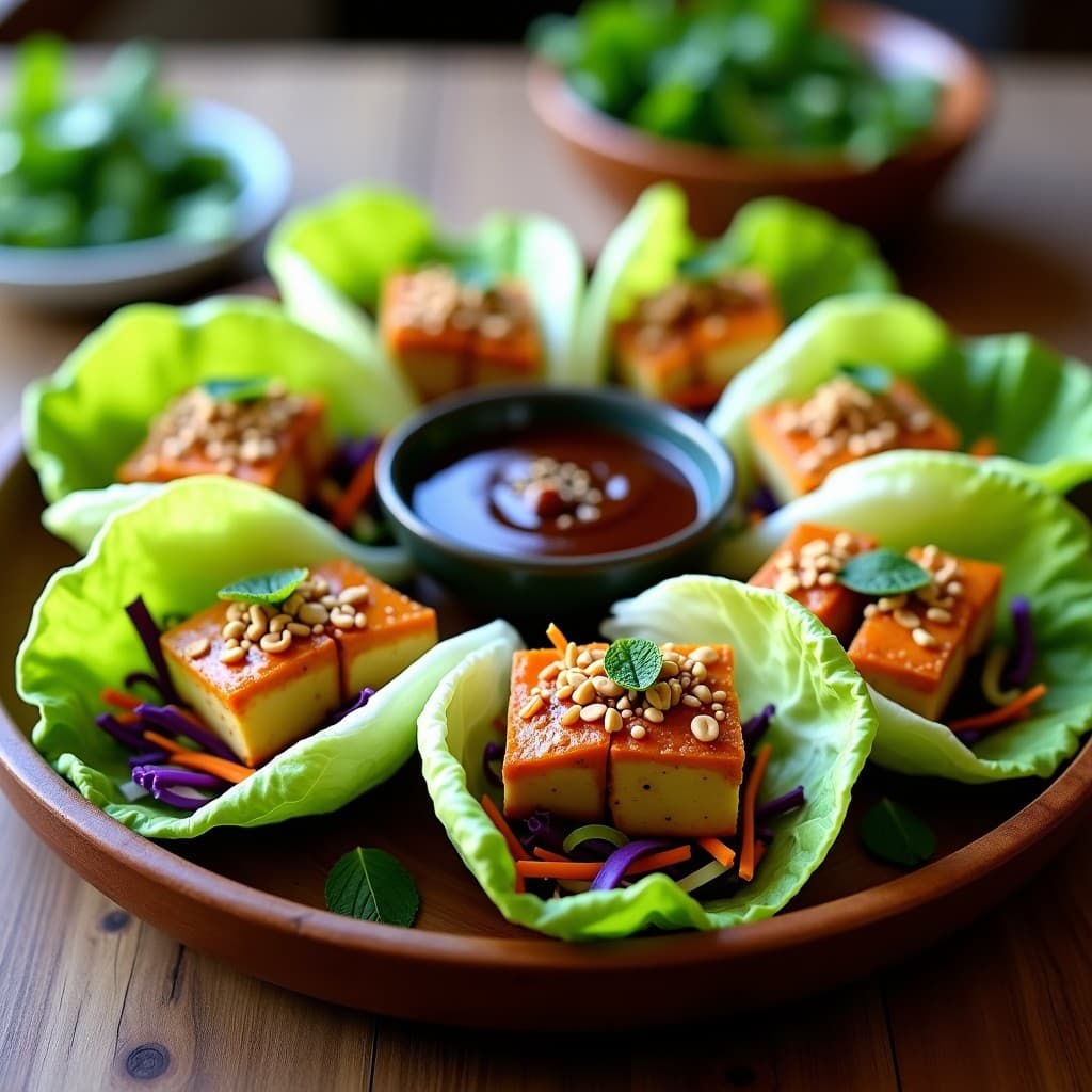 Rollitos de lechuga romana rellenos de tofu dorado y vegetales, con mezcla de cinco especias, servidos en una fuente de madera con salsa hoisin al lado y decorados con menta fresca. Receta china en airfryer.