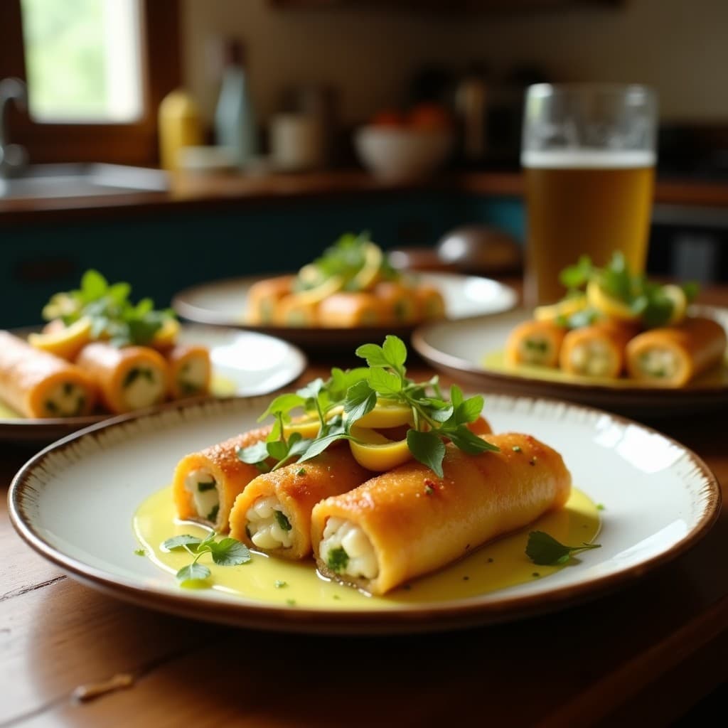 Rollitos de lechuga romana fresca rellenos de tofu desmenuzado, manzana verde en juliana, zanahoria y cebolla morada, decorados con semillas de sésamo tostadas y cilantro. Entrante chino sin gluten sobre bandeja de madera rústica.