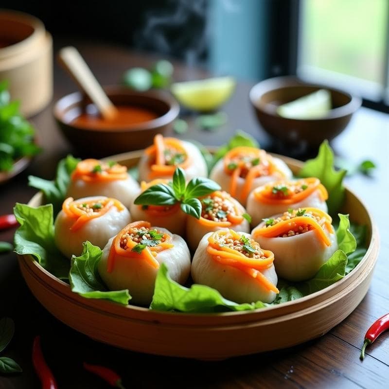 Rollitos de lechuza veganos con tofu y hierbas aromáticas al vapor, servidos en vaporera de bambú con cacahuetes picados y salsa de soja, receta china fácil y saludable.
