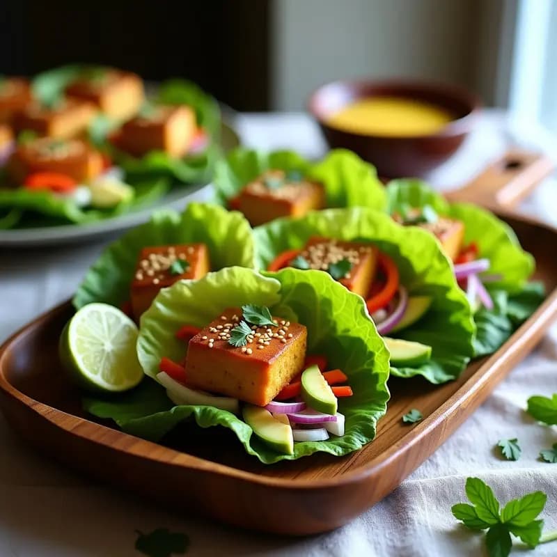 Rollitos de lechuza vegana con tofu marinado en ají amarillo y aguacate, envueltos en hojas de lechuga romana, decorados con semillas de sésamo y cilantro fresco. Plato colorido y fresco, típico de la cocina peruana fría.
