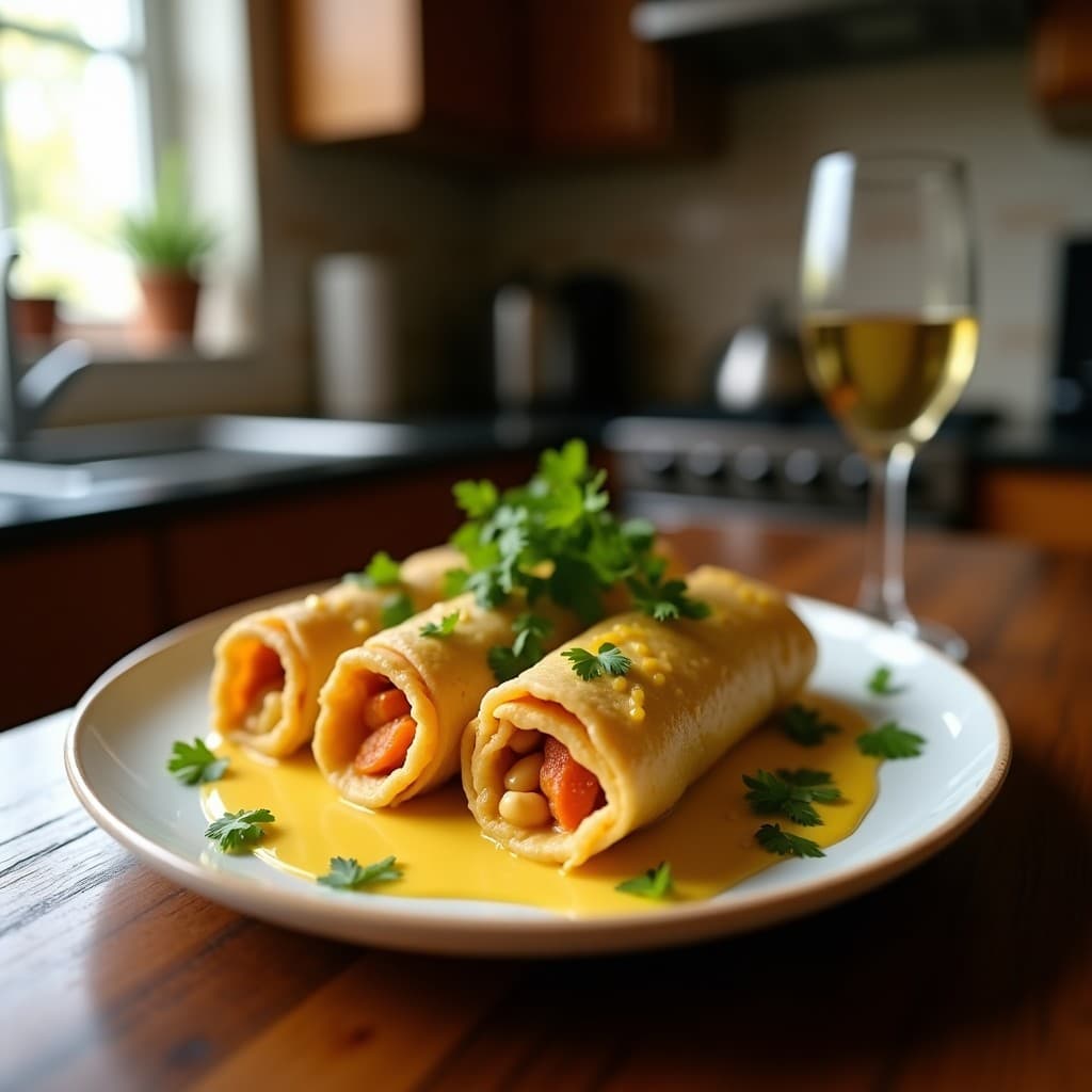 Rollitos frescos de hojas de lechuga romana rellenos de pollo al curry amarillo con trozos de mango, decorados con semillas de sésamo tostadas y cilantro, servidos en un plato blanco con rodajas de limón. Receta keto y sin harina de estilo chino.