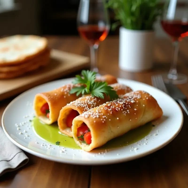 Rollitos de lino dorado rellenos de aguacate cremoso y tomate seco, servidos en un plato blanco con semillas de sésamo y hojas de albahaca, receta keto sin horno y alta en fibra.