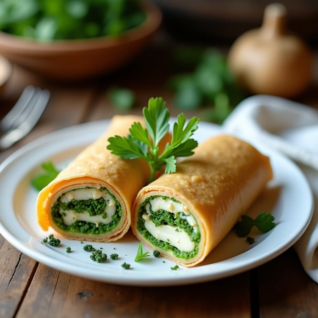 Rollitos de lino dorado rellenos de paté de berros verde intenso y queso vegan de castañas cremoso, servidos en plato de cerámica blanca con decoración de hojas de berros frescas y virutas de algas nori. Receta crudivegana francesa.