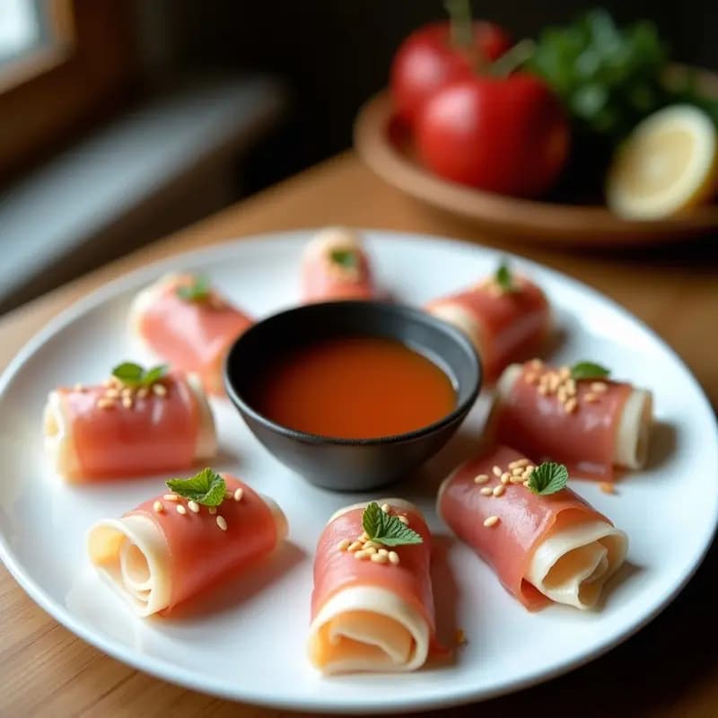 Rollitos de litchi y jamón serrano dispuestos en fuente de porcelana blanca, con salsa de miel y jengibre en bol aparte, decorados con semillas de sésamo y hojas de menta fresca. Aperitivo chino-español dulce-salado.