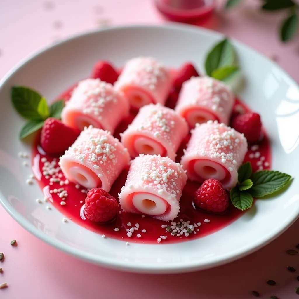 Rollitos de litchi y rosa con salsa de frambuesa en un plato blanco elegante, decorados con coco rallado y hojas de menta, postre chino sin horno.