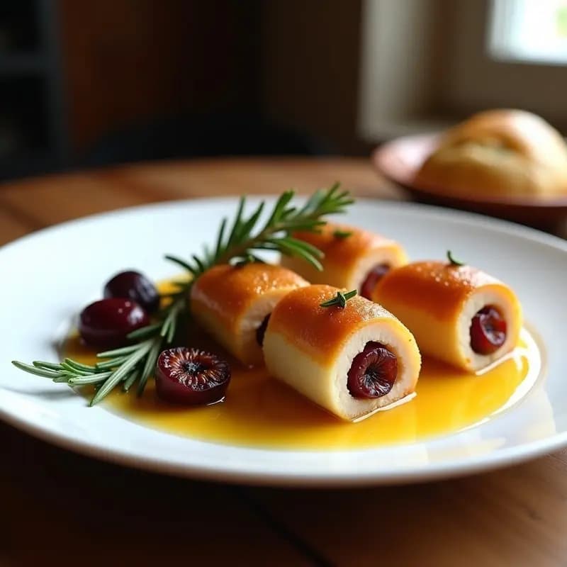 Rollitos de lomo de cerdo dorados en airfryer, rellenos de ciruelas pasas, servidos sobre un plato blanco con salsa de mostaza de Dijon y romero fresco, receta francesa gourmet.