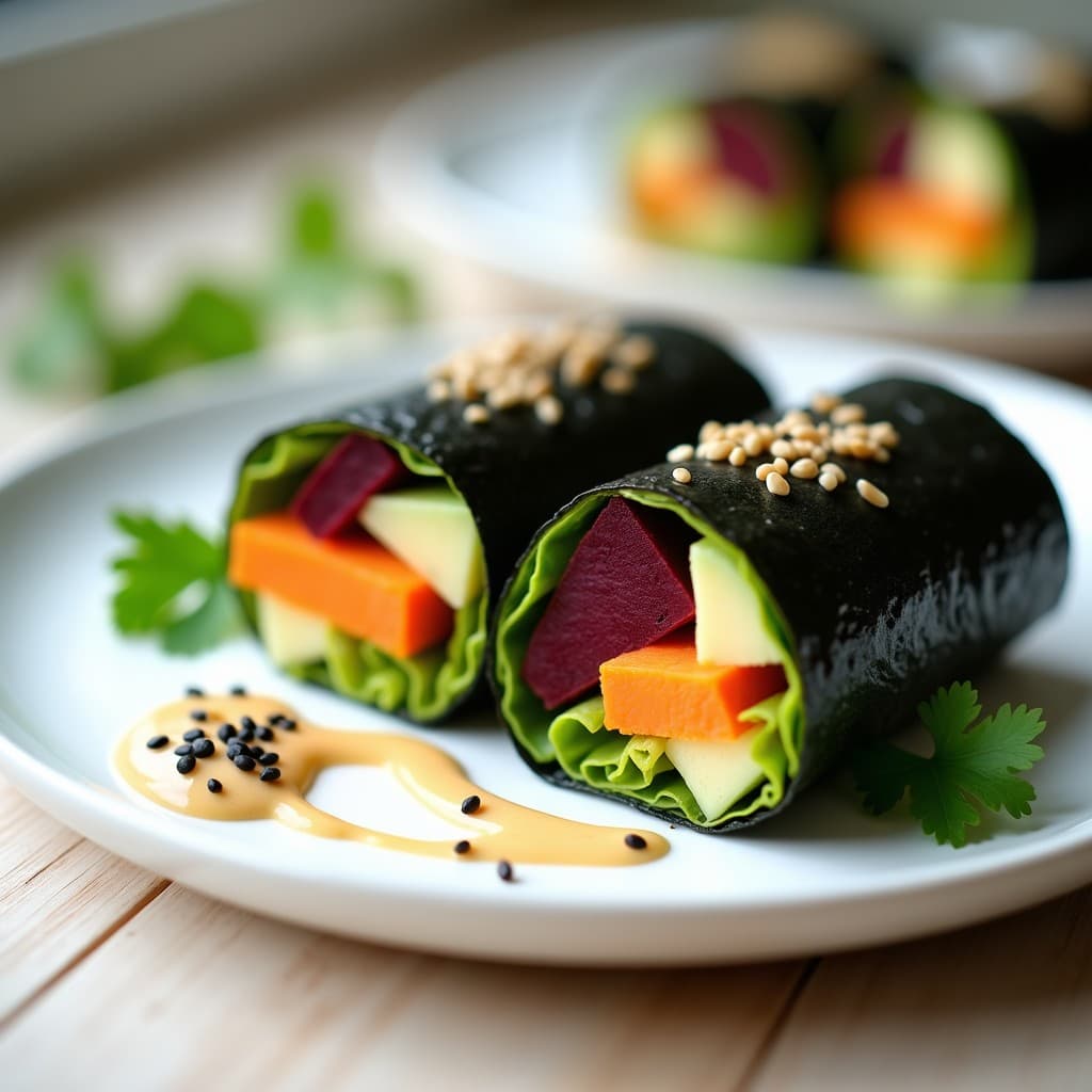 Rollitos de alga nori cortados por la mitad, rellenos de aguacate cremoso, remolacha morada rallada, zanahoria naranja y pepino verde, servidos en un plato blanco con salsa de sésamo espesa y semillas de sésamo negro y blanco espolvoreadas. Receta vegana crudivegana fresca y colorida.