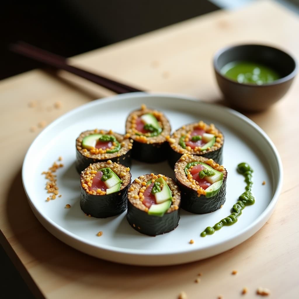 Plato blanco con rollitos de alga nori rellenos de atún ahumado, aguacate y pepino, cortados en porciones. Acompañados de pesto de wasabi verde y decorados con semillas de sésamo negro. Receta japonesa de rollitos de nori con atún ahumado y pesto de wasabi.