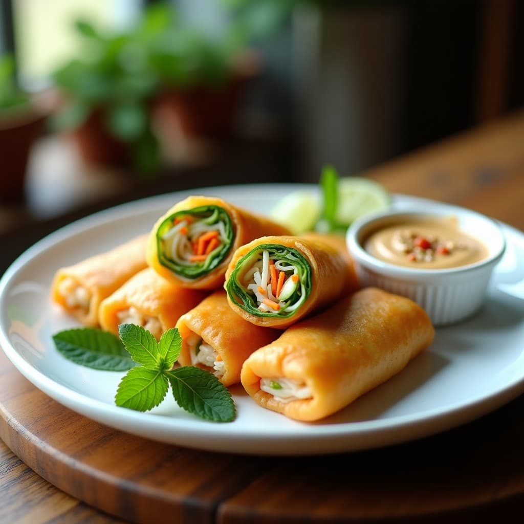 Rollitos vietnamitas dorados y crujientes de papaya verde y camarones en airfryer, servidos con salsa de cacahuate cremosa en un plato blanco. Decorados con hojas de menta fresca y rodajas de lima.