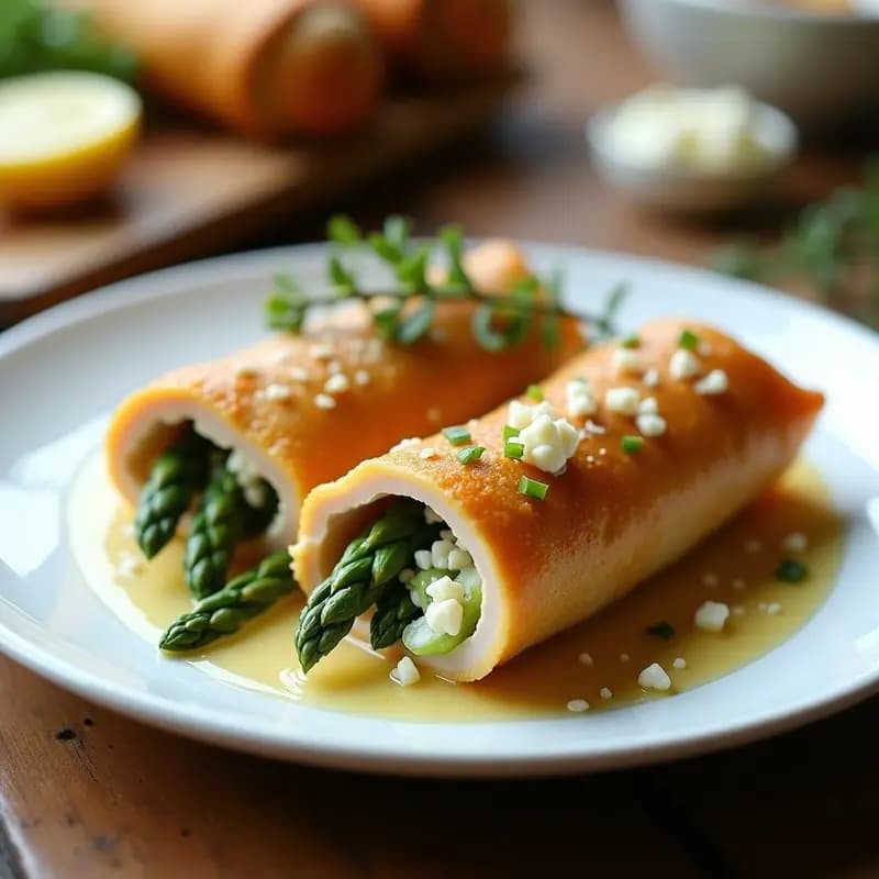 Rollitos de pechuga de pavo rellenos de espárragos verdes y queso de cabra, dorados y jugosos, servidos en un plato blanco con un poco de caldo reducido y decorados con una rama de tomillo fresco. Receta francesa en olla express.