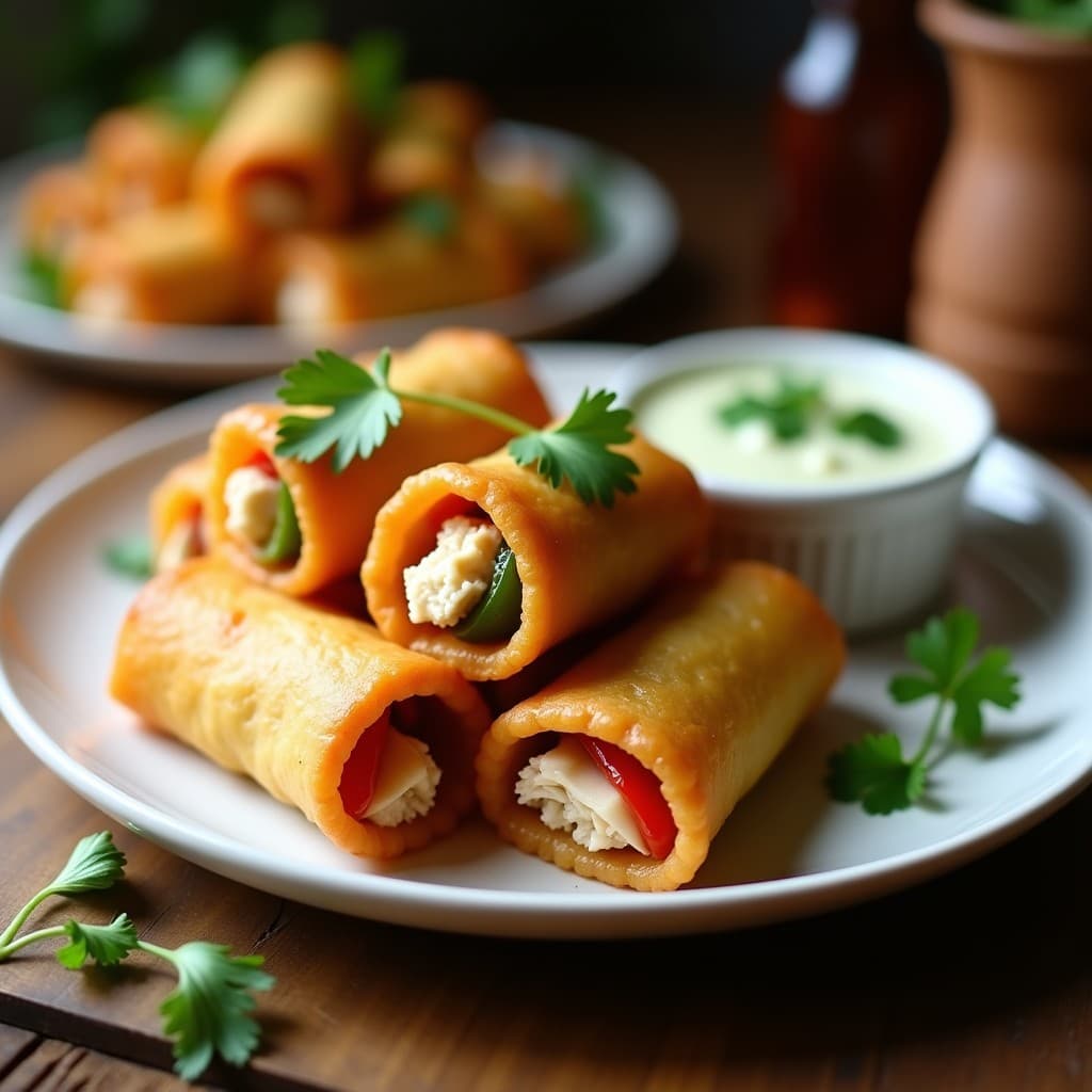 Rollitos de pegajo dorados y crujientes rellenos de pollo desmenuzado y pimientos asados, servidos en un plato blanco con hojas de cilantro fresco. Receta venezolana en airfryer.
