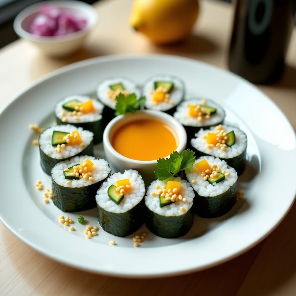 Plato blanco con rollitos de pescado blanco y alga nori cortados en porciones, acompañados de salsa de mango y lima de color vibrante, decorados con semillas de sésamo y perejil fresco. Entrante peruano-japonés crujiente y elegante.