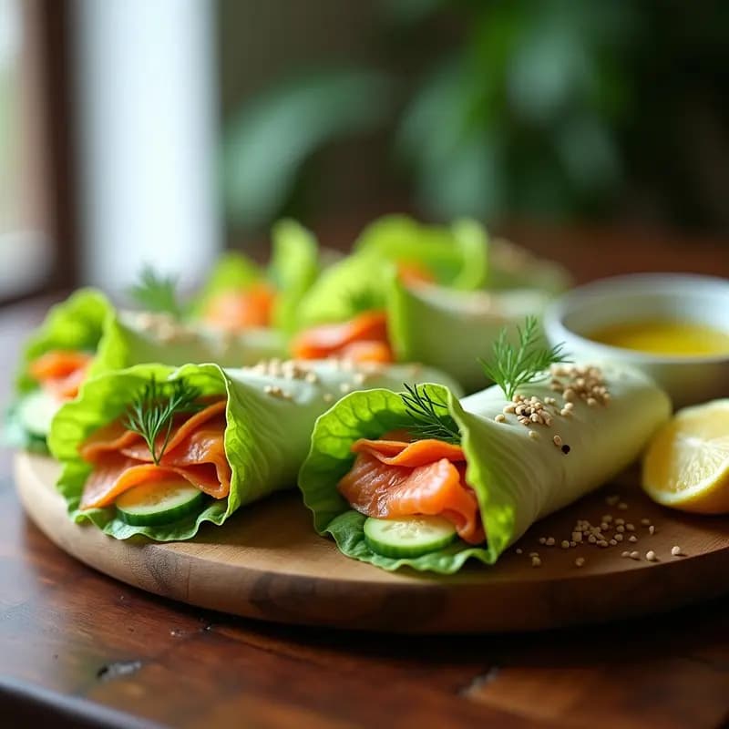 Rollitos de primavera de aguacate y salmón ahumado sobre bandeja de madera, con relleno visible de láminas de aguacate, pepino, zanahoria y salmón, decorados con semillas de sésamo y eneldo, receta crudivegana escandinava.