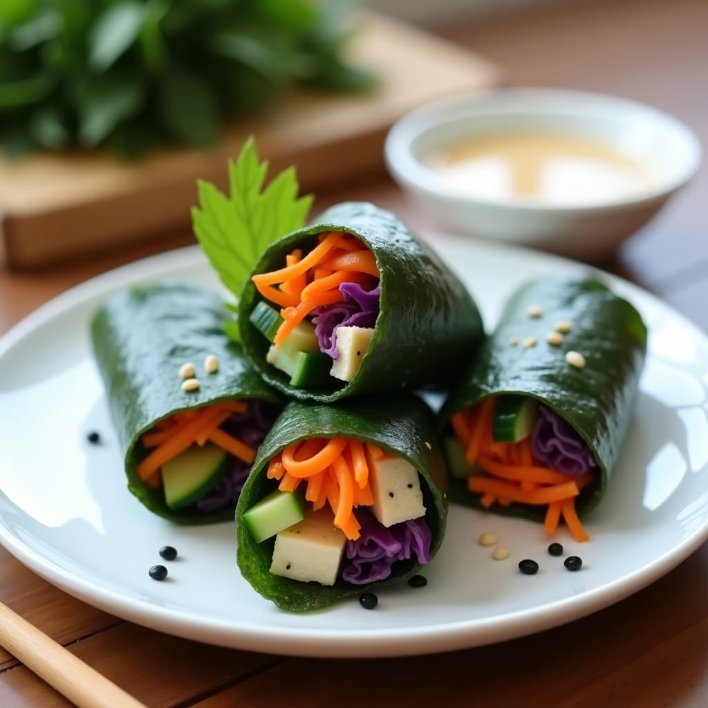Rollitos de primavera veganos coreanos con envoltura de alga nori, rellenos de zanahoria, pepino, repollo morado y tofu, servidos con salsa de sésamo cremosa y semillas de sésamo negro y blanco espolvoreadas.
