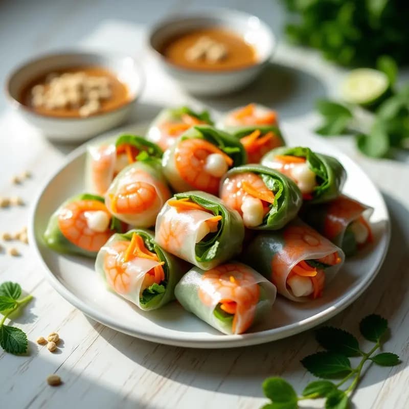 Rollitos de primavera vietnamitas con camarones y hierbas frescas servidos en plato blanco, acompañados de salsa de cacahuete y salsa de pescado. Los rollitos muestran capas de papel de arroz translúcido, camarones rosados, zanahoria naranja, pepino verde y hierbas frescas como menta y cilantro.