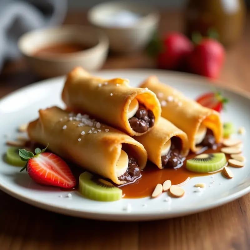 Plato blanco con rollitos de primavera dorados y crujientes, rellenos de chocolate negro y frutas frescas (plátano, fresa y kiwi), servidos con una salsa espesa de caramelo salado y decorados con almendras fileteadas y sal marina en escamas. Receta viral de rollitos de primavera de chocolate y frutas con salsa de caramelo salado.