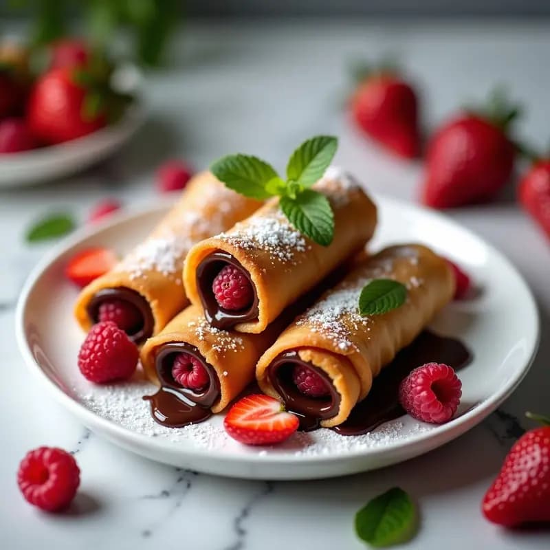 Rollitos de primavera dorados y crujientes rellenos de chocolate negro y frutos rojos, decorados con azúcar glass y hojas de menta sobre un plato blanco. Postre chino gourmet y viral para redes sociales.