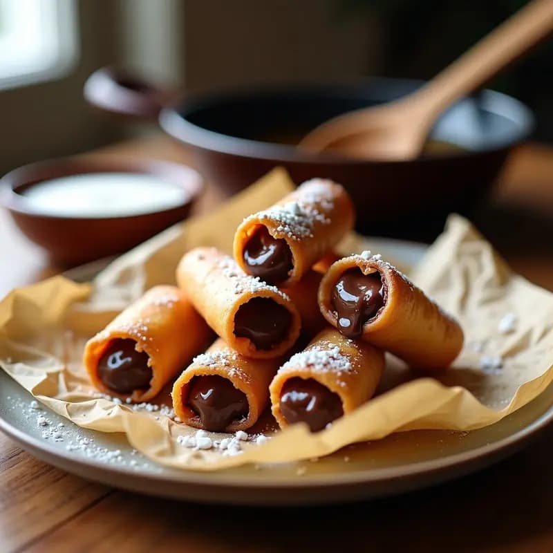 Rollitos de primavera dorados y crujientes rellenos de chocolate negro fundido y marshmallows blancos, espolvoreados con azúcar glas sobre papel absorbente, con un fondo borroso de sartén con aceite.