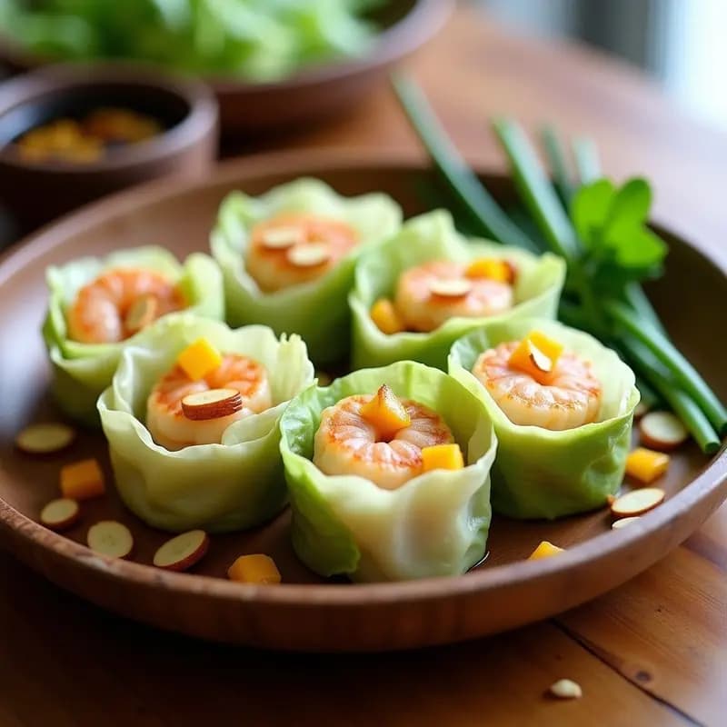 Rollitos de primavera de col china rellenos de gambas y mango, cocinados al vapor, servidos en un plato blanco con salsa de tamarindo y espolvoreados con cacahuetes triturados. La col tiene un tono verde claro y los rollitos muestran capas de relleno colorido con gambas rosadas y trozos de mango amarillo.