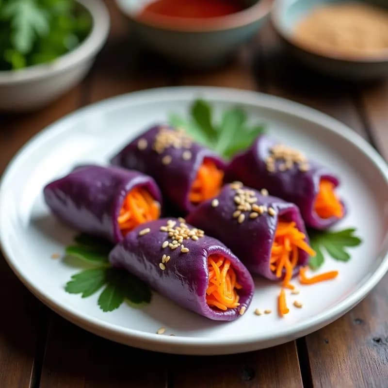 Rollitos de primavera dorados y crujientes de col morada y zanahoria sobre papel de arroz, servidos en una bandeja de madera con semillas de sésamo espolvoreadas, receta china sin freír.