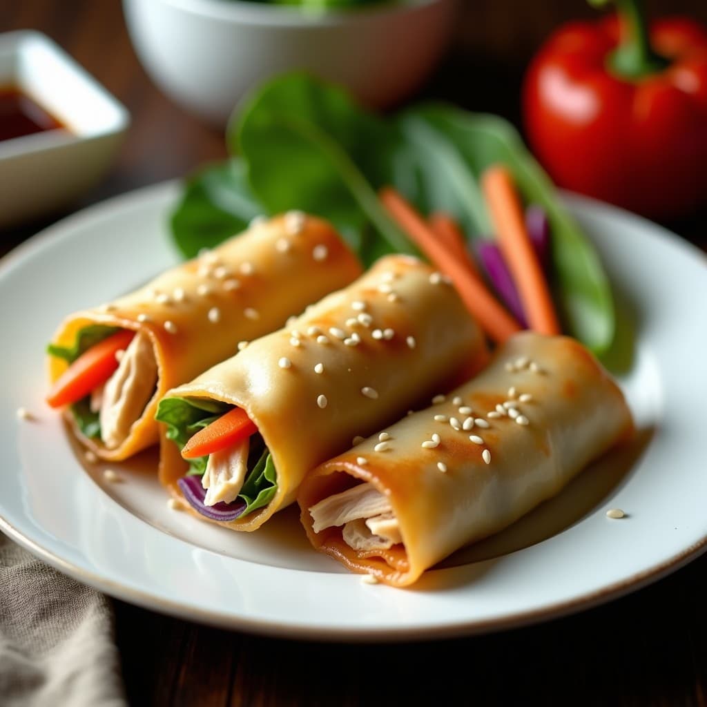 Rollitos de primavera de col china dorados y crujientes rellenos de pollo y verduras coloridas, servidos en un plato blanco con sésamo espolvoreado y salsa de soja al lado, receta china en airfryer.