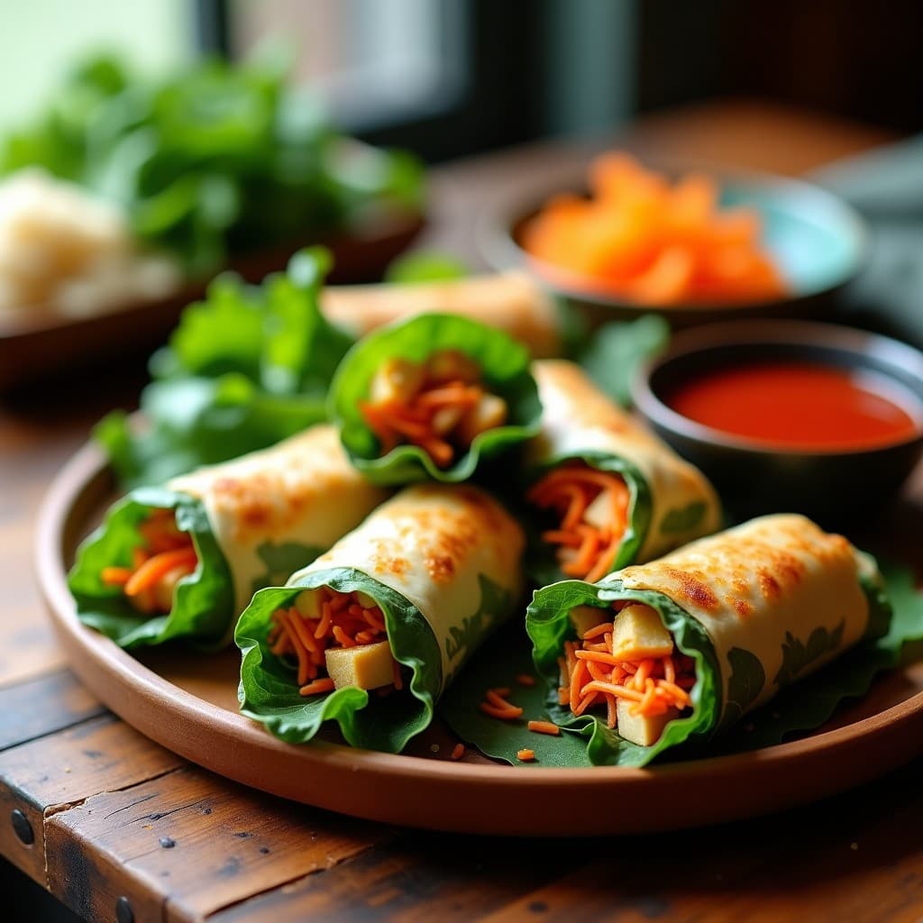 Rollitos de primavera dorados y crujientes con envoltura de col rizada verde oscura, rellenos de tofu y verduras, servidos en una fuente de madera con semillas de sésamo y salsa de chile al lado.