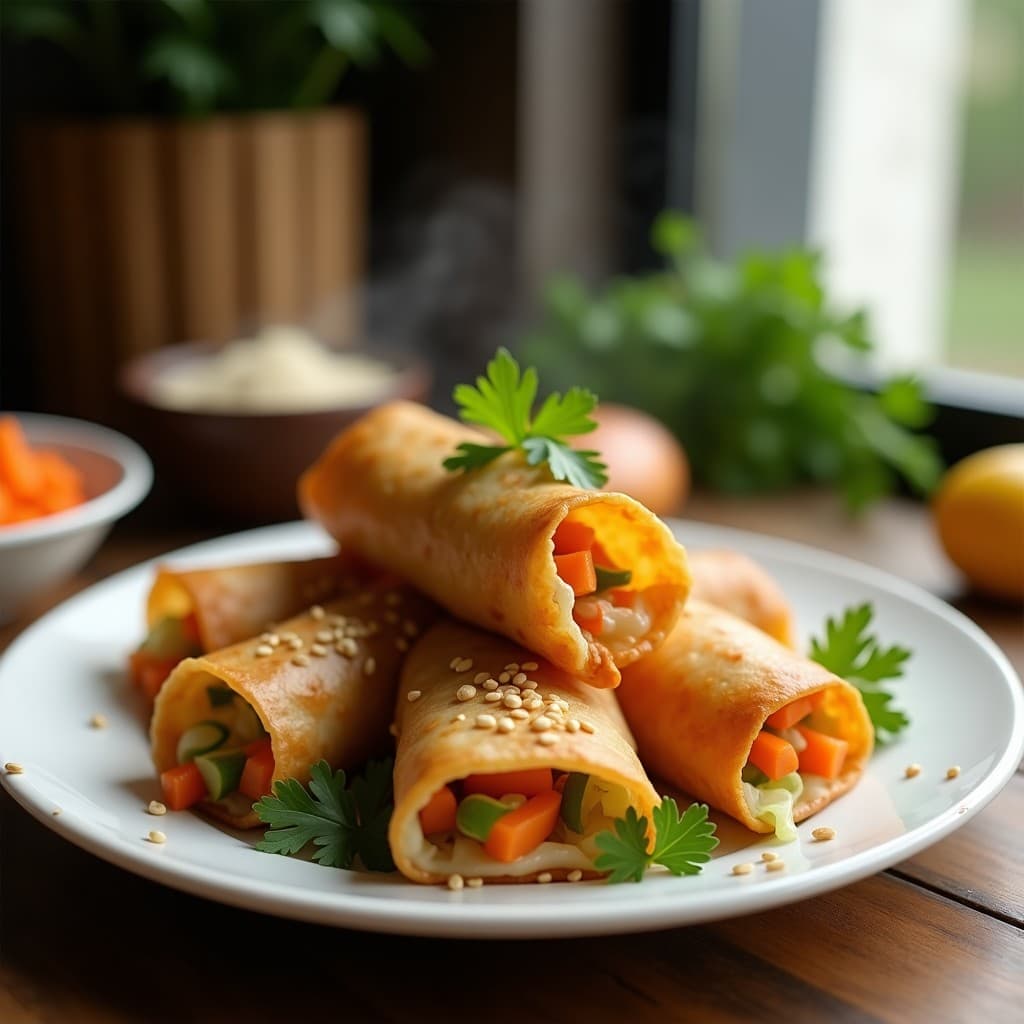 Rollitos de primavera dorados y crujientes de col y zanahoria en airfryer, servidos en plato blanco con semillas de sésamo y cilantro fresco, receta vegana sin freír.