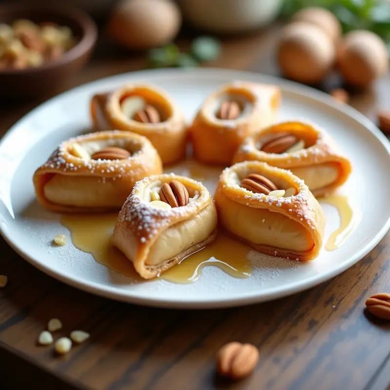 Plato blanco con seis rollitos de primavera dorados y crujientes, rellenos de crema de vainilla y frutos secos, espolvoreados con azúcar glass y decorados con almendras fileteadas y un hilo de miel. Receta de rollitos de primavera de postre con crema de vainilla y frutos secos.
