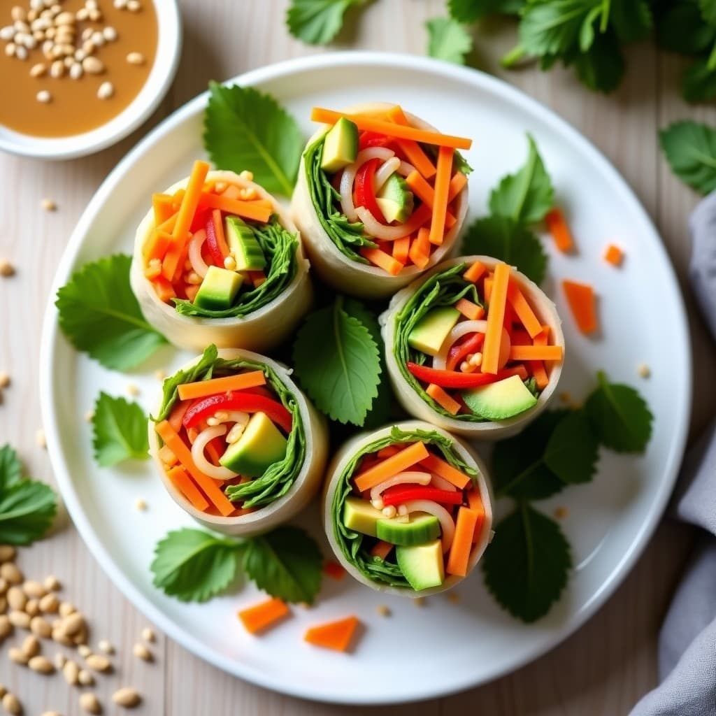 Rollitos de primavera crudiveganos cortados por la mitad, rellenos de zanahoria, pepino, pimiento rojo, aguacate y hierbas frescas, servidos en un plato blanco con salsa de cacahuete cremosa y semillas de sésamo espolvoreadas.
