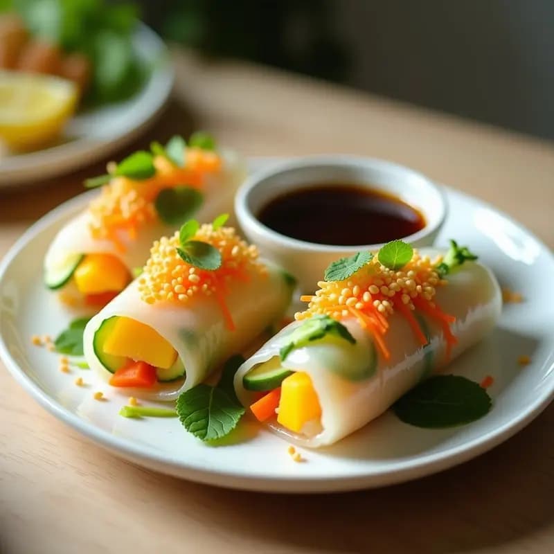 Rollitos de Primavera de Crystal con Relleno de Mango y Caviar de Lima: Entrante Vegano Transparente