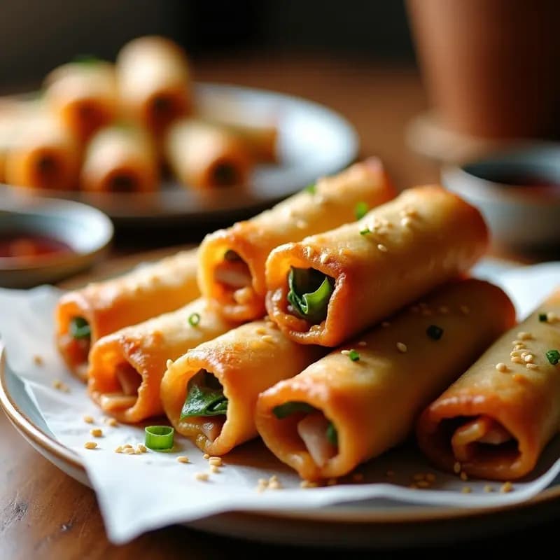 Rollitos de primavera fritos dorados y crujientes sobre papel absorbente, rellenos de cerdo y verduras, servidos con salsa de soja en un plato blanco.