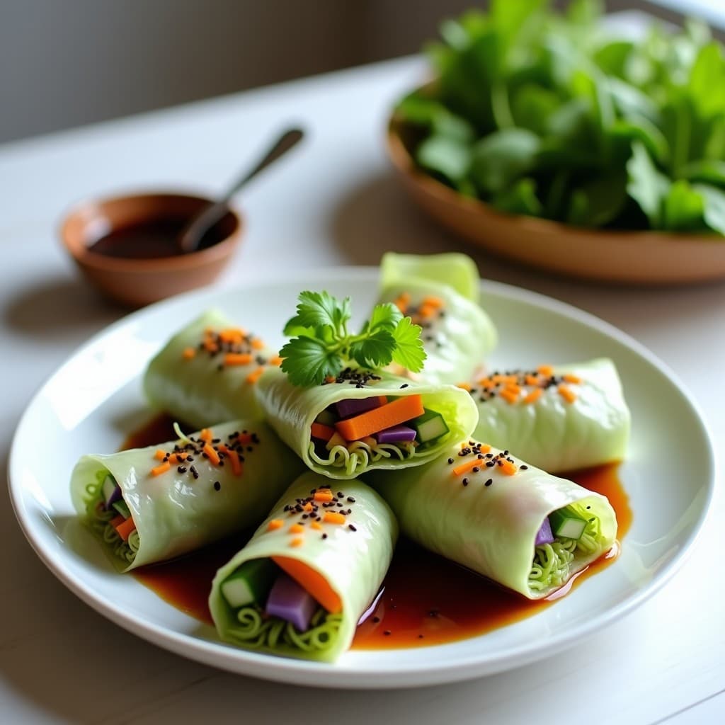 Rollitos de primavera crudiveganos rellenos de germinados de lenteja y alfalfa, zanahoria morada y pepino, envueltos en hojas de col china. Servidos en plato blanco con salsa de tamari y semillas de sésamo negro, sobre fondo de madera clara.