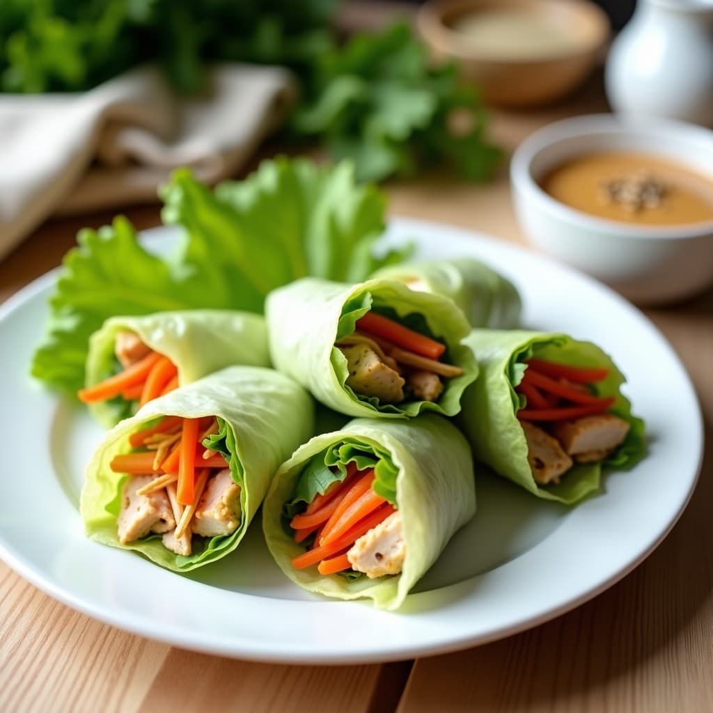 Rollitos de primavera con hojas de lechuga iceberg rellenos de pollo salteado con zanahoria, pimiento y brotes de soja, servidos en un plato blanco con salsa de cacahuete cremosa al lado. Receta china sin gluten.