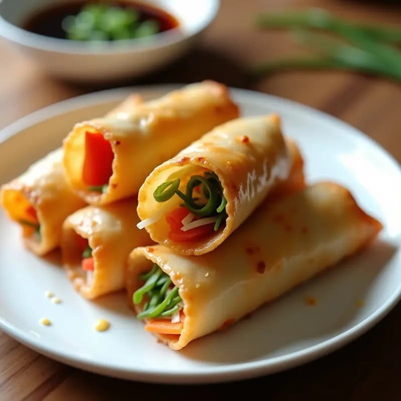 Rollitos de primavera dorados y crujientes de lenguado y verduras sobre una bandeja de bambú, acompañados de salsa de soja y hierbas frescas, receta china ligera y saludable.