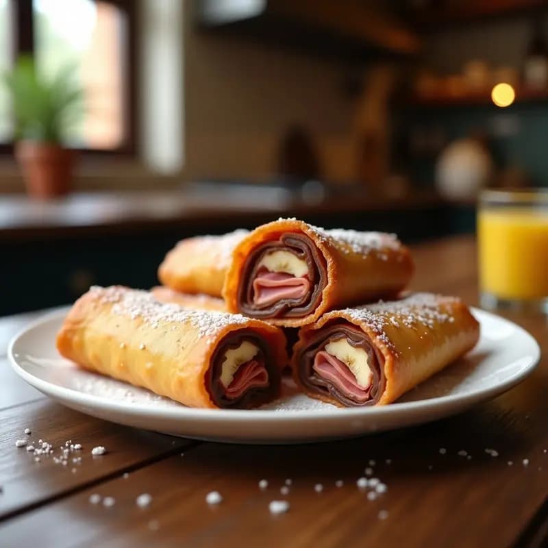 Rollitos de primavera dorados y crujientes rellenos de Nutella, plátano y jamón serrano, servidos en un plato blanco con azúcar glass espolvoreado y fondo borroso de cocina.