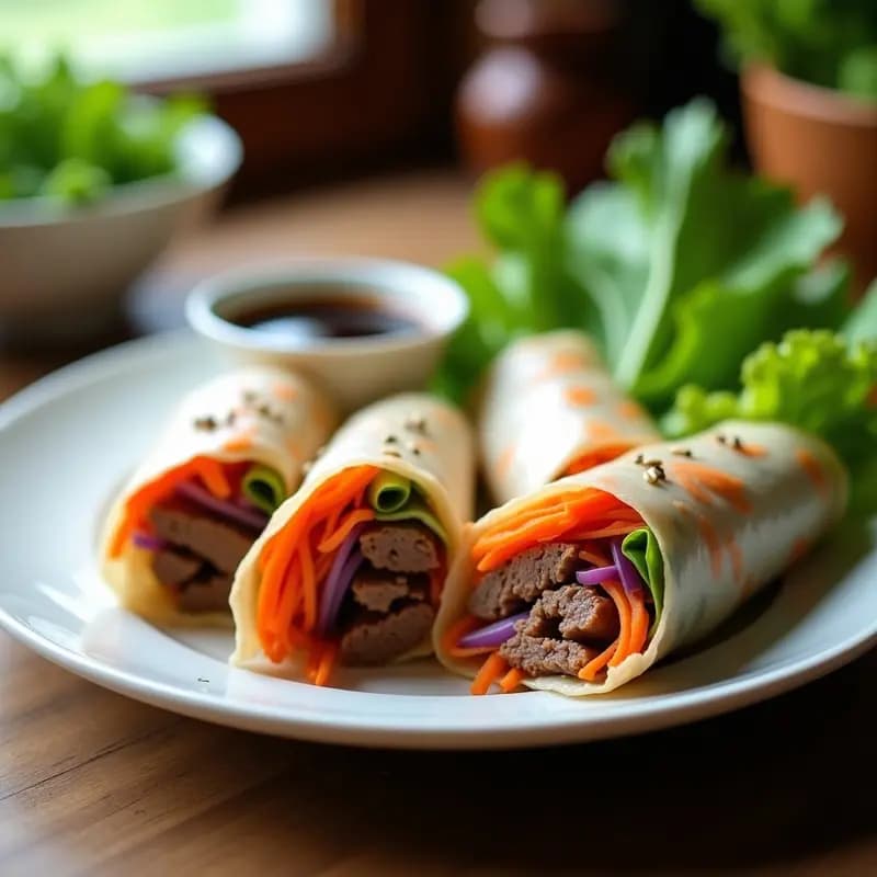 Rollitos de primavera con papel de arroz transparente rellenos de ternera salteada, zanahoria, pimiento y cebolla, cortados por la mitad y servidos en un plato blanco con salsa de soja sin gluten al lado. Receta china sin gluten, ligera y crujiente.