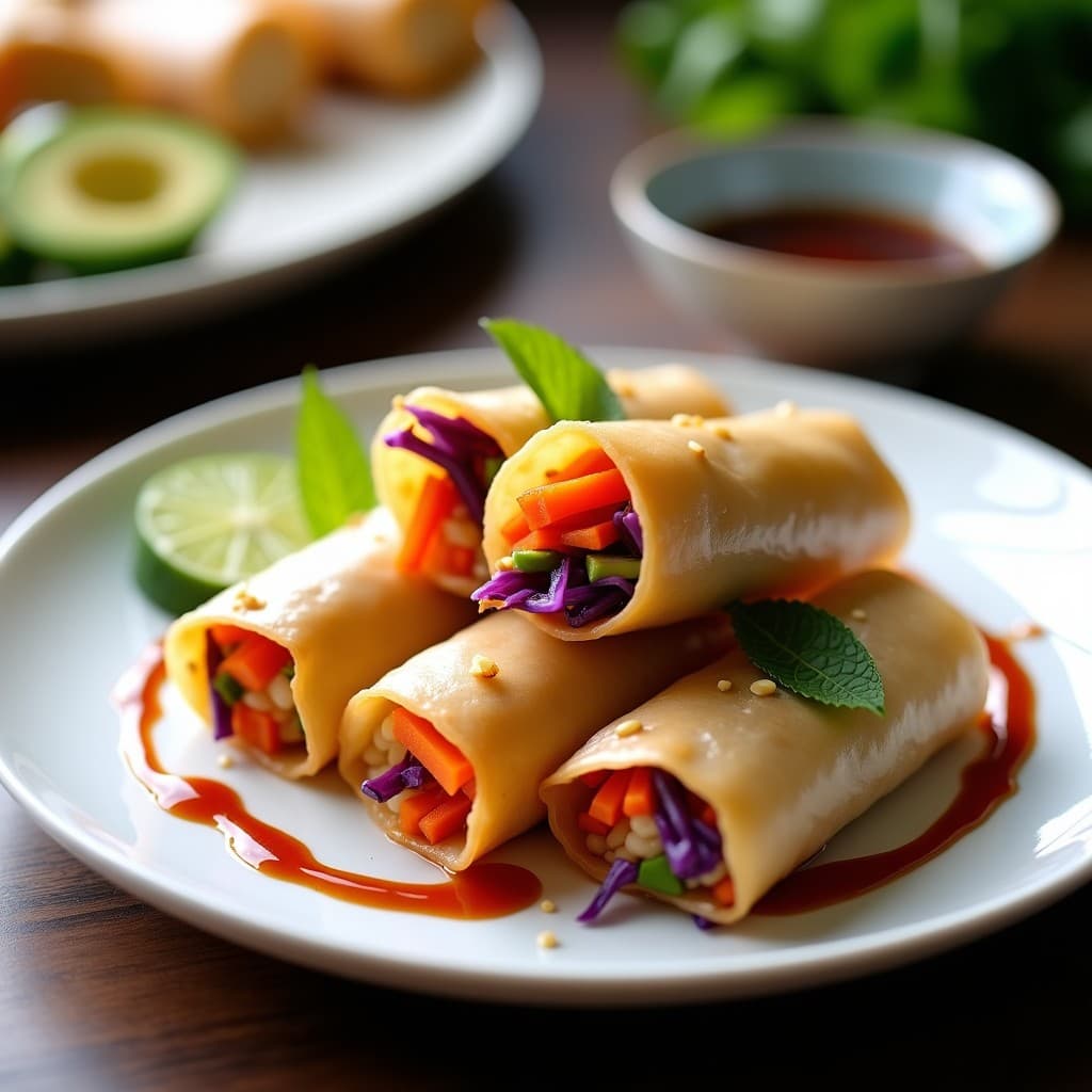 Rollitos de primavera veganos dorados y crujientes, rellenos de zanahoria, pimiento rojo, repollo morado y aguacate, servidos en un plato blanco con salsa teriyaki brillante y semillas de sésamo espolvoreadas. Receta japonesa en airfryer sin aceite.