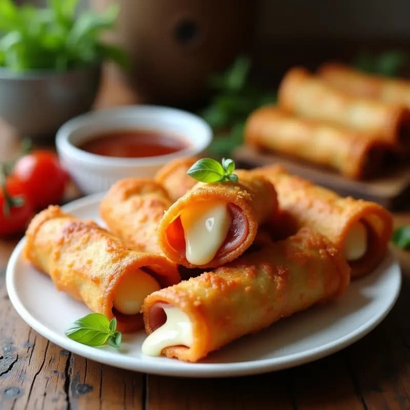 Rollitos de primavera empanizados dorados y crujientes rellenos de queso mozzarella fundido y jamón York, servidos en una bandeja blanca con salsa barbacoa para mojar, receta de aperitivo explosivo.
